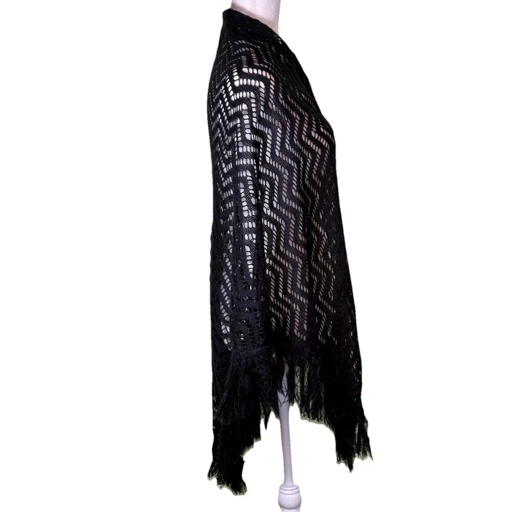 Women Black Crochet Fringe Openwork‎ Shawl Whimsigoth Witchy Size 43” X 78”